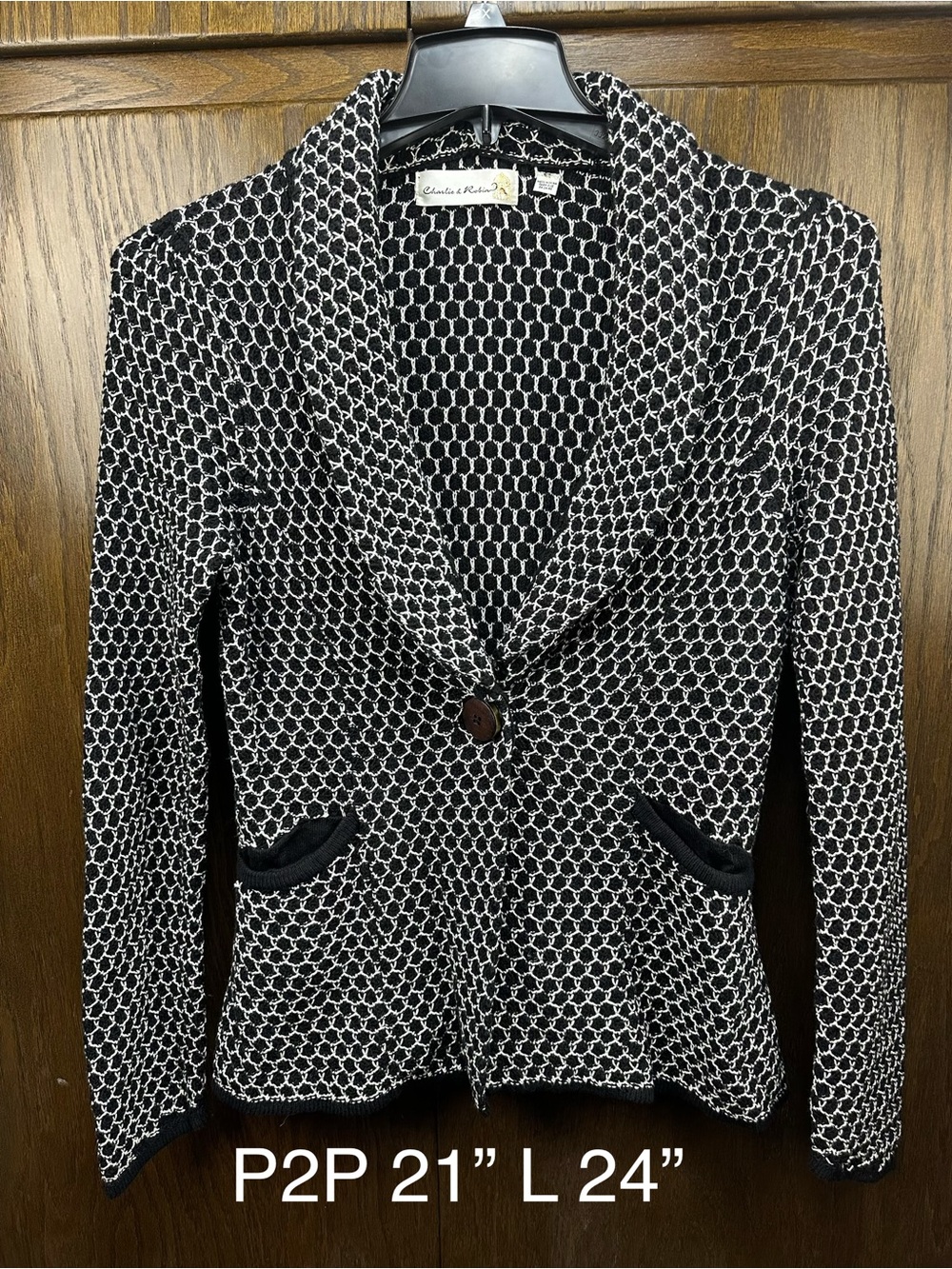 Black & White Textured Knit Shawl Collar Blazer